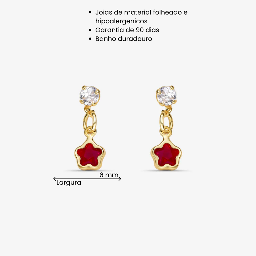 Brinco Infantil Flor Vermelha com Zircônia Folheado a Ouro 18K
