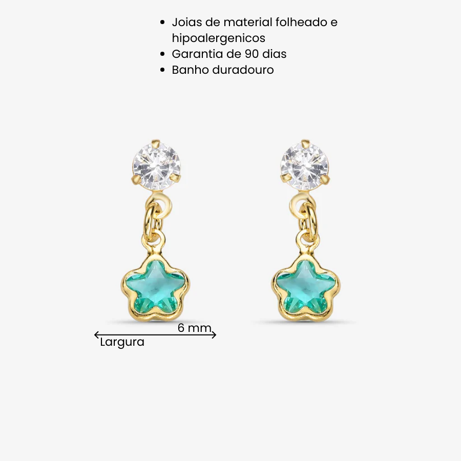 Brinco Infantil Flor Azul com Zircônia Folheado a Ouro 18K