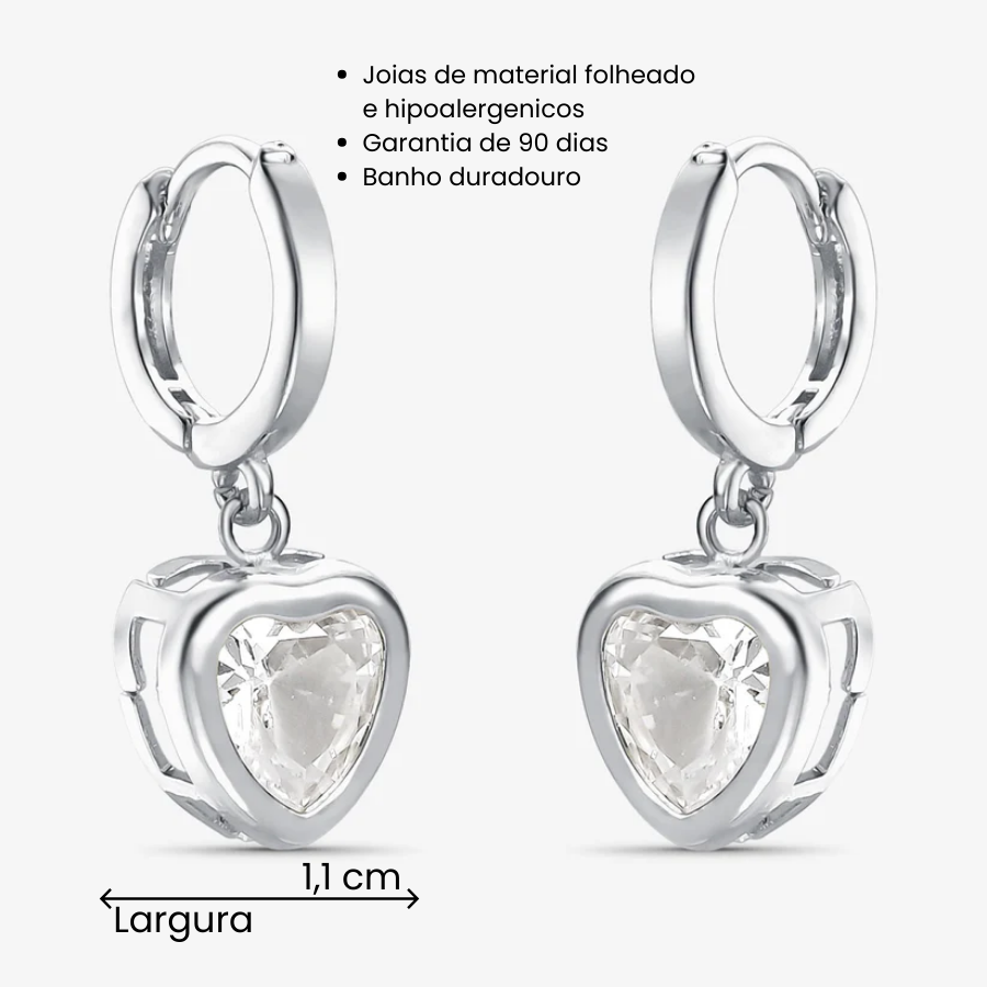 Brinco Argola Coração de Cristal Vazado Folheado a Prata