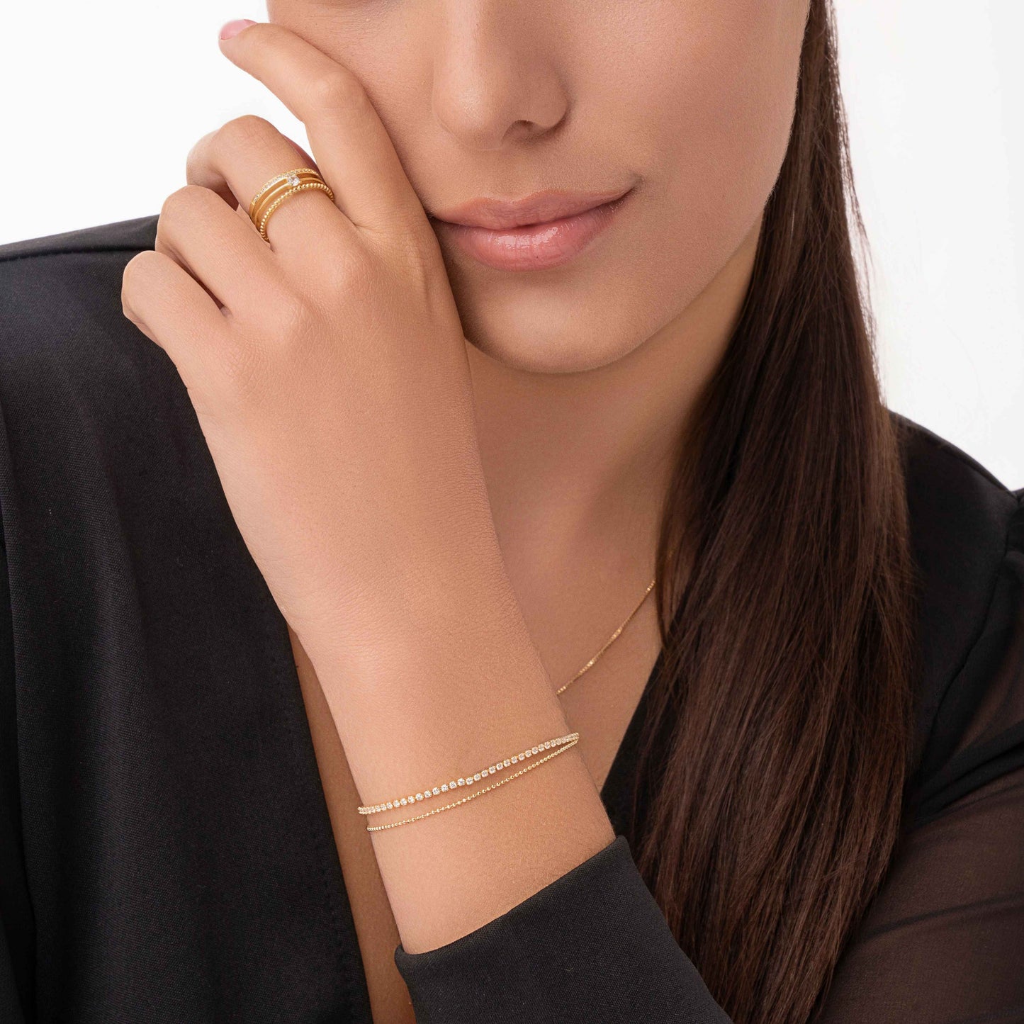 Pulseira Dupla Elo bolinha com Zircônia Folheado a Ouro18k