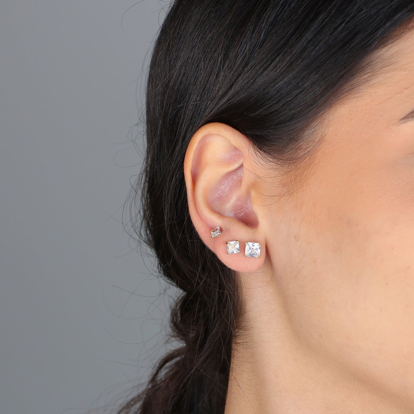 Brinco Trio Quadrado Zircônia Folheado a Ouro 18K