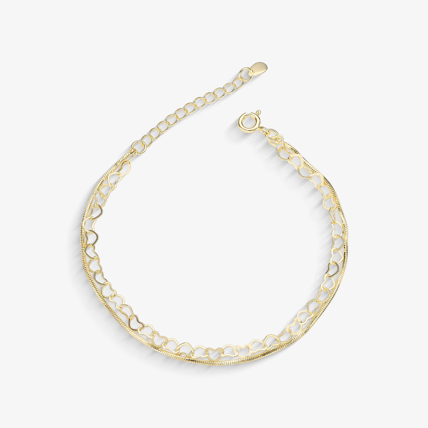 Pulseira Dupla Elo Coração Vazado e Rabo de Rato Folheado a Ouro18k