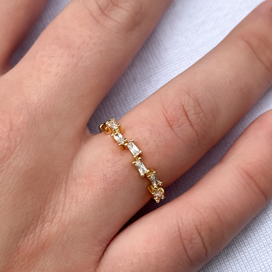 Anel Regulável Retângulos de Zircônias Cristal Folheado a Ouro 18k