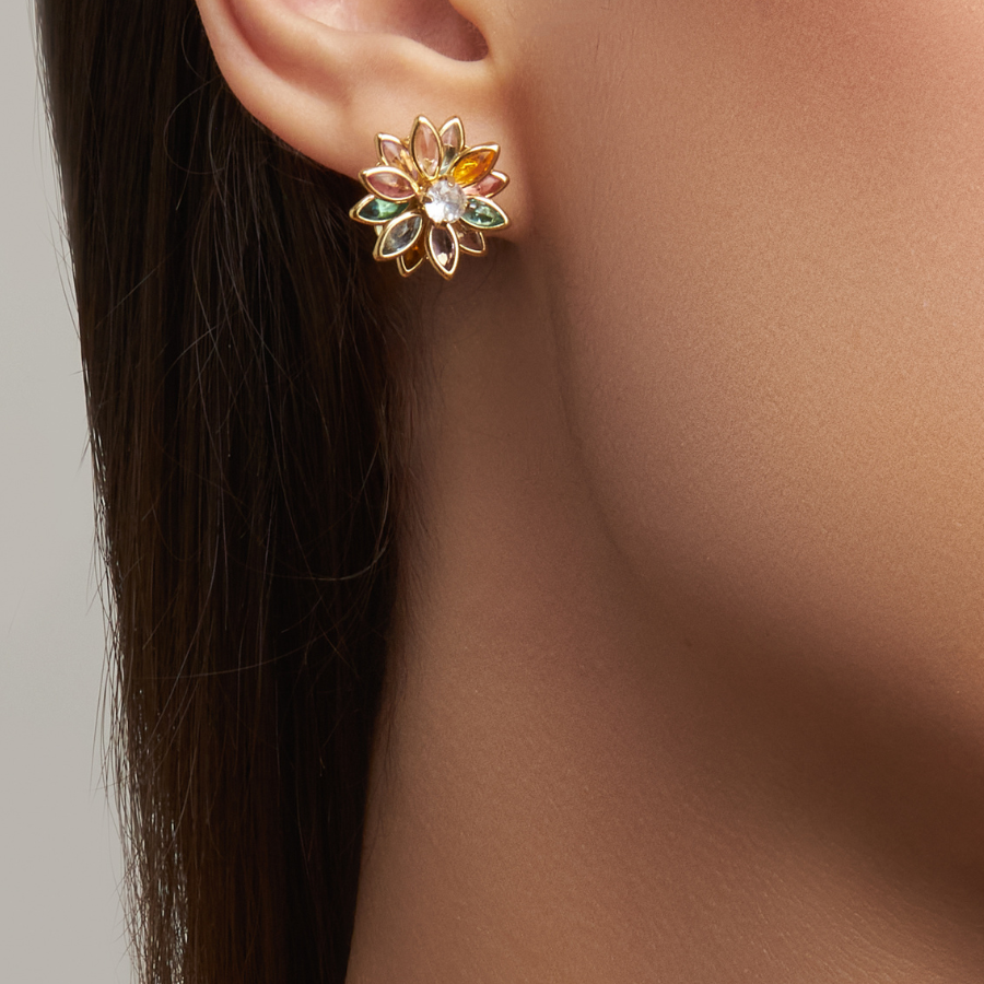 Brinco Flor de Cristal Colorida Folheado a Ouro 18K