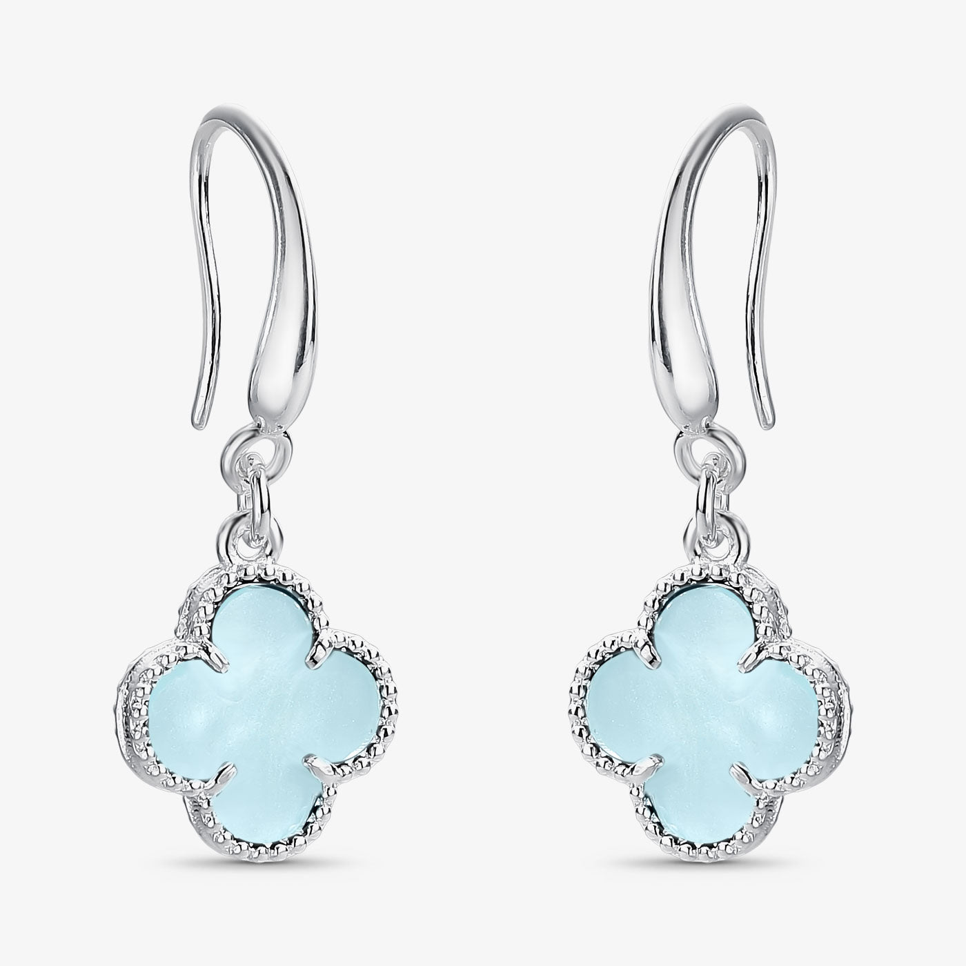 Brinco Trevo Azul Bebê Gancho Folheado a Prata