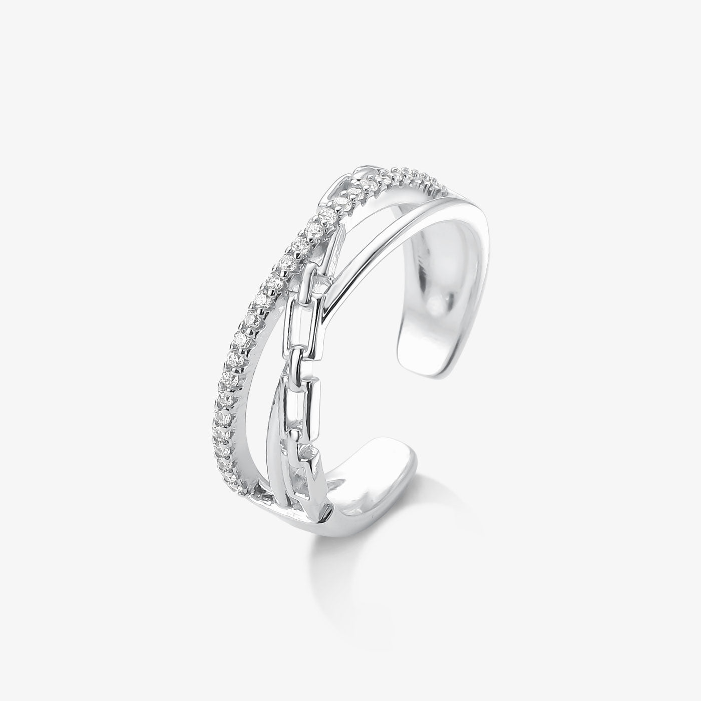 Anel Regulável Triplo Corrente Cravejada Folheado a Prata