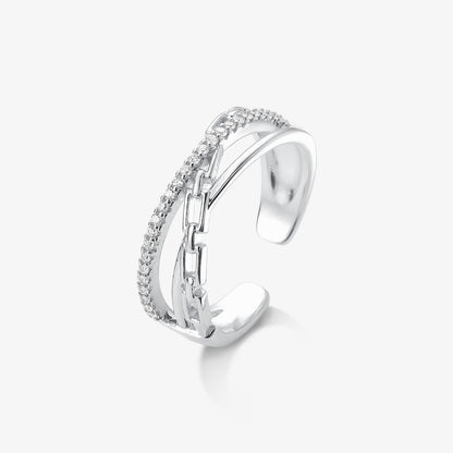 Anel Regulável Triplo Corrente Cravejada Folheado a Prata