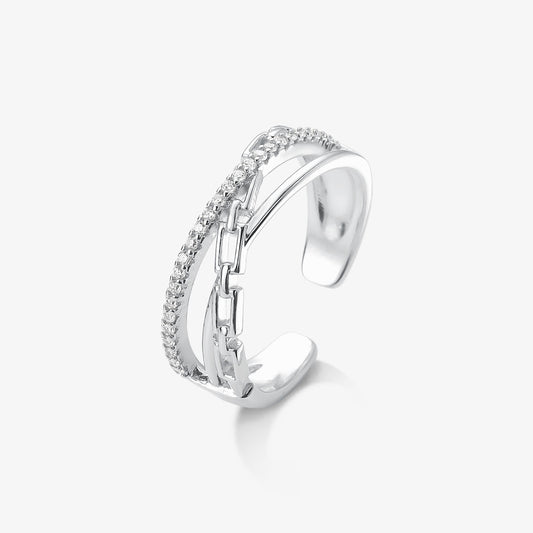 Anel Regulável Triplo Corrente Cravejada Folheado a Prata