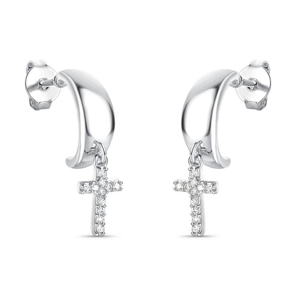 Argola Com Cruz Cravejada Folheado a Prata