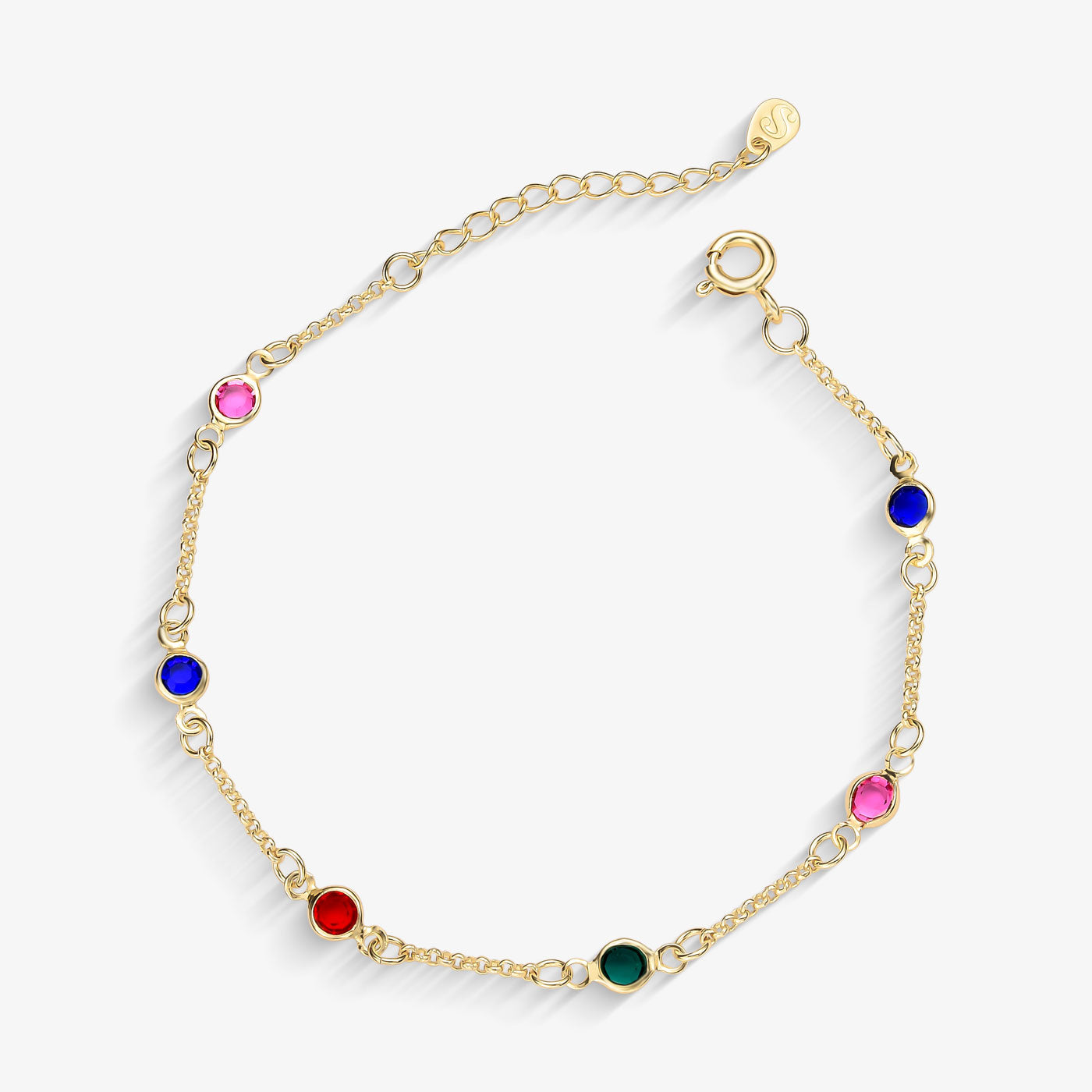 Pulseira Elo Português com Zircônias Coloridas Folheado a Ouro 18k