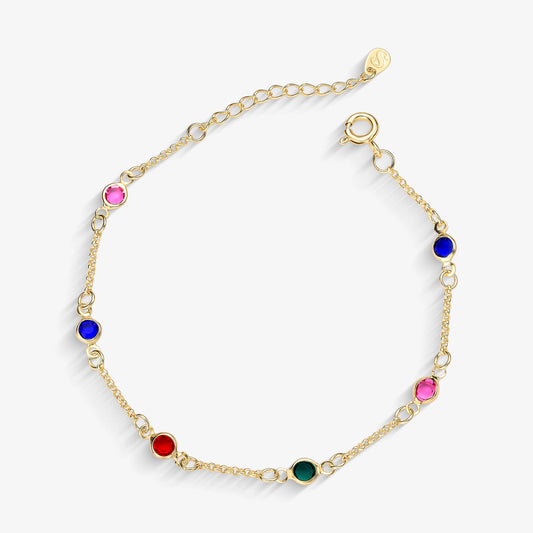 Pulseira Elo Português com Zircônias Coloridas Folheado a Ouro 18k