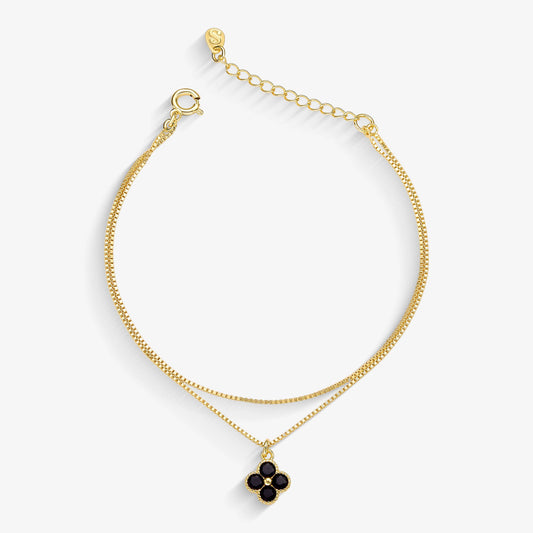 Pulseira Dupla Veneziana Trevo Preto Folheado a Ouro 18k
