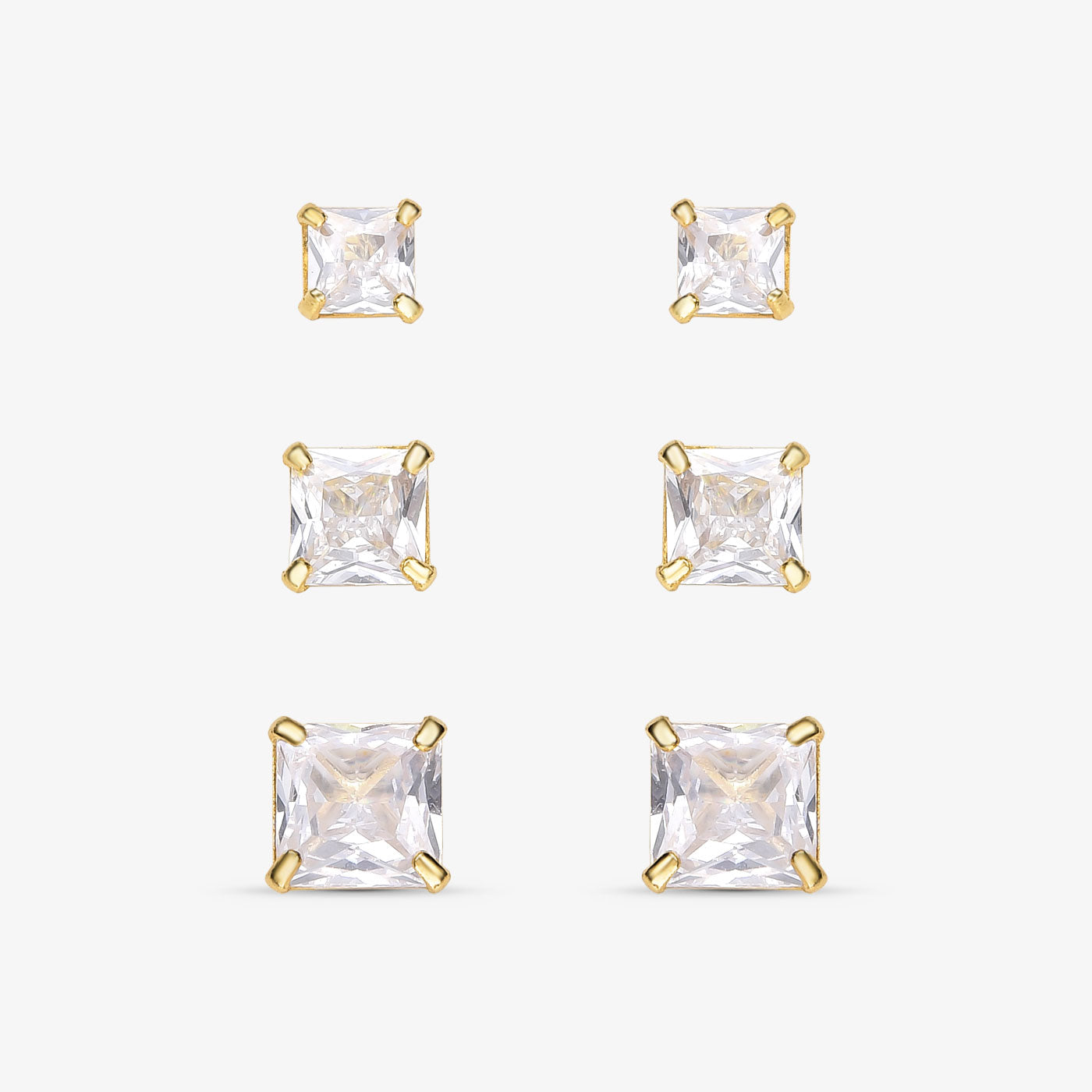 Brinco Trio Quadrado Zircônia Folheado a Ouro 18K