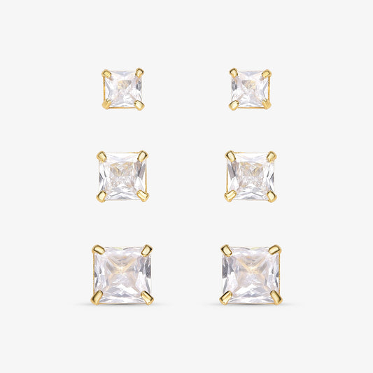 Brinco Trio Quadrado Zircônia Folheado a Ouro 18K