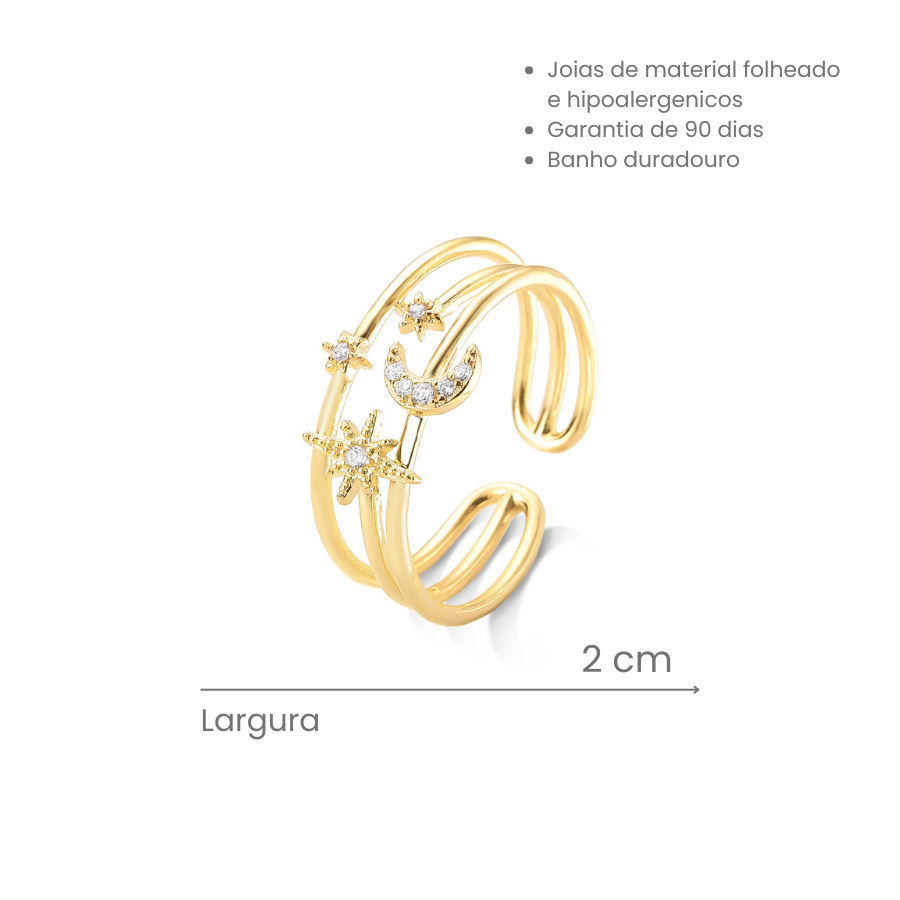 Anel Regulável Constelação com Lua Cravejado Folheado a Ouro 18k