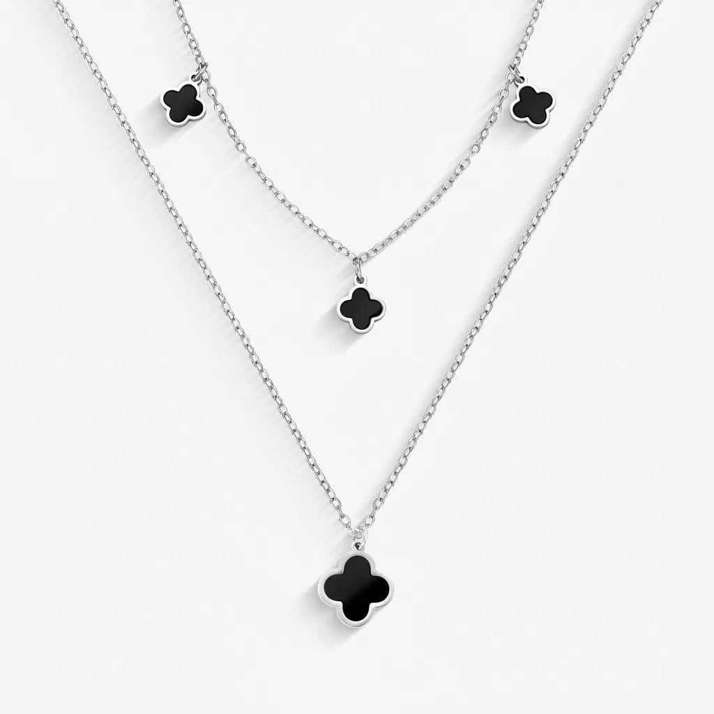 Colar Aço Veneziana Dupla com Pingentes de Trevo