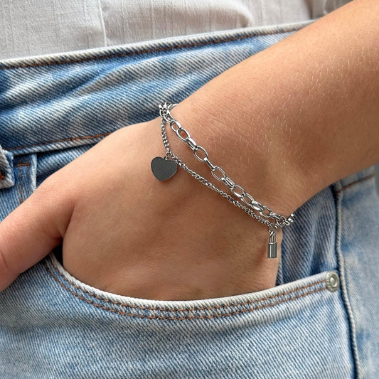 Pulseira Aço Dupla Pingente Cadeado Coração