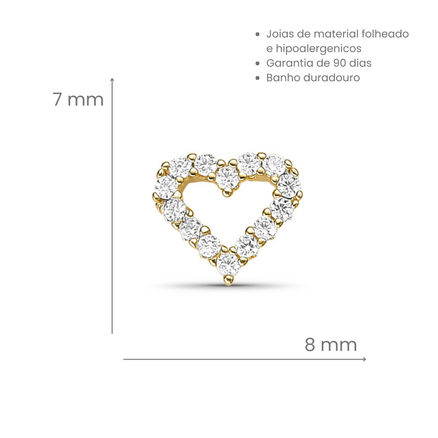 Brinco Coração Vazado Cravejado Folheado a Ouro 18k