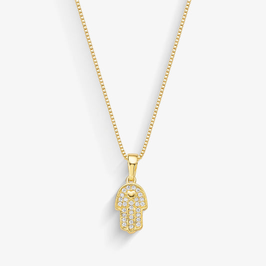 Colar Mão de Deus Cravejado com Coração Folheado a Ouro 18k