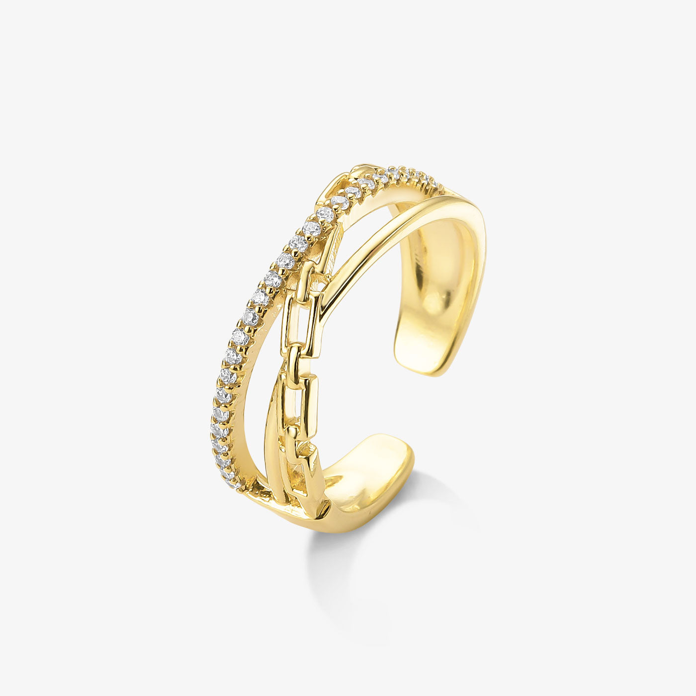 Anel Triplo Corrente Cravejado Folheado a Ouro 18k