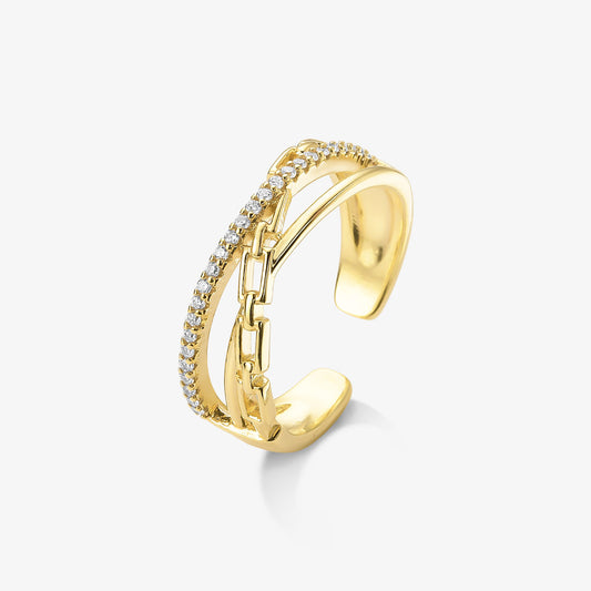 Anel Triplo Corrente Cravejado Folheado a Ouro 18k