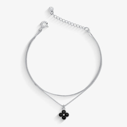 Pulseira Dupla Veneziana Trevo Preto Folheado a Prata
