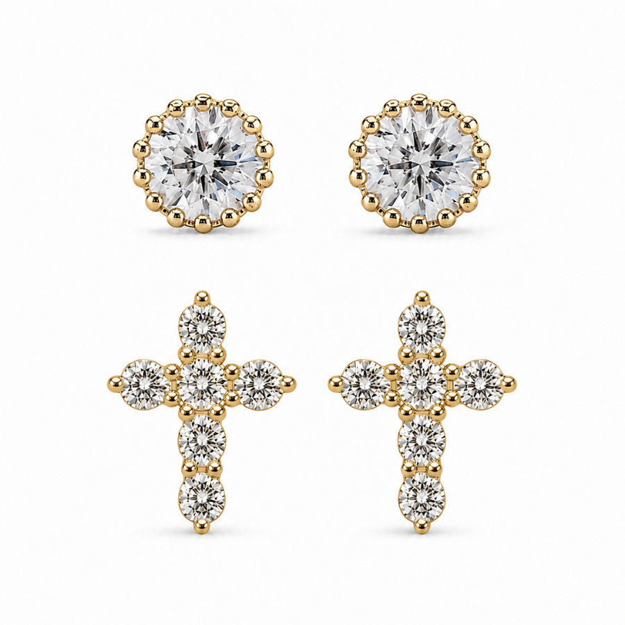 Dupla Cruz e Ponto de Luz  Folheado a Ouro 18k