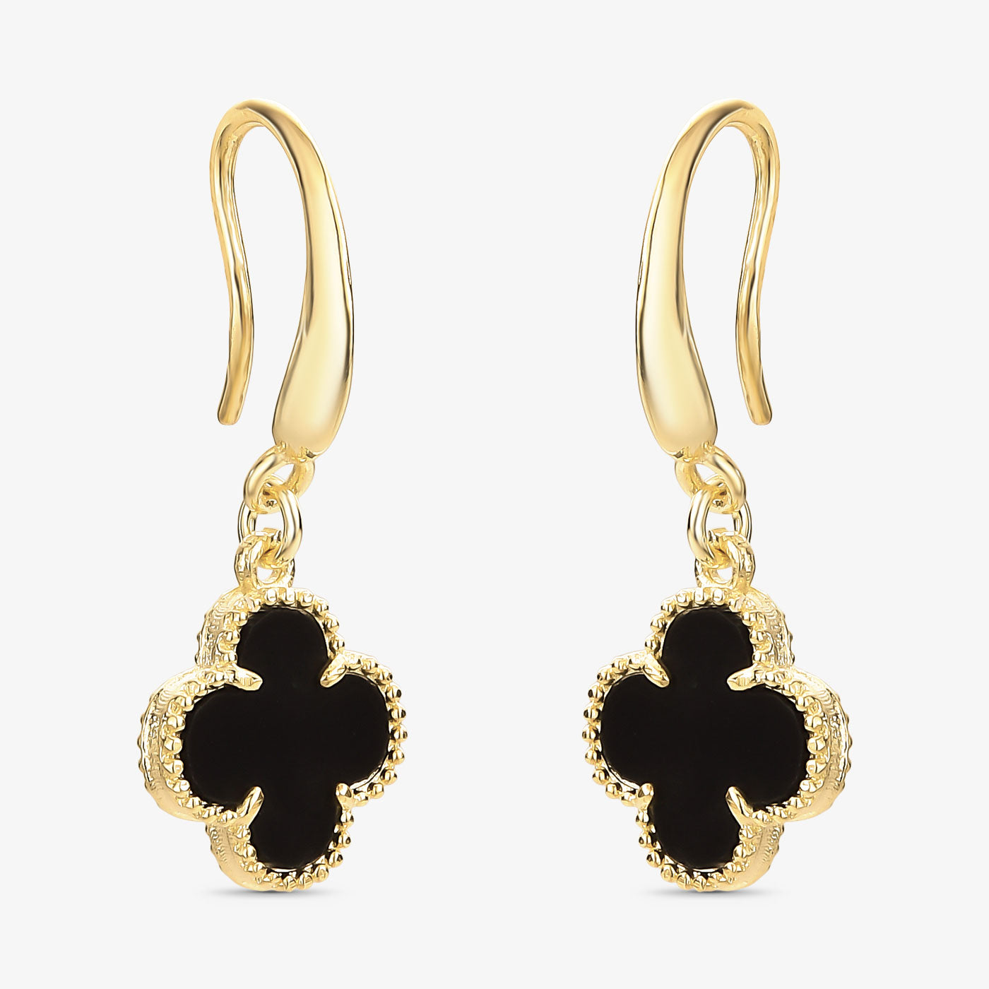 Brinco Trevo Preto Resinado Gancho Folheado a Ouro18k