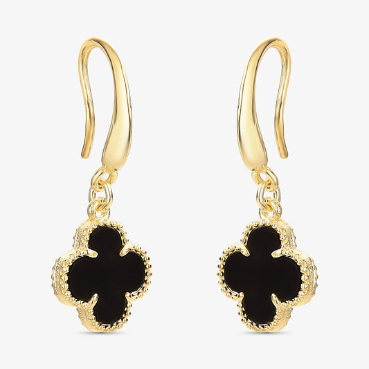 Brinco Trevo Preto Gancho Folheado a Ouro18k