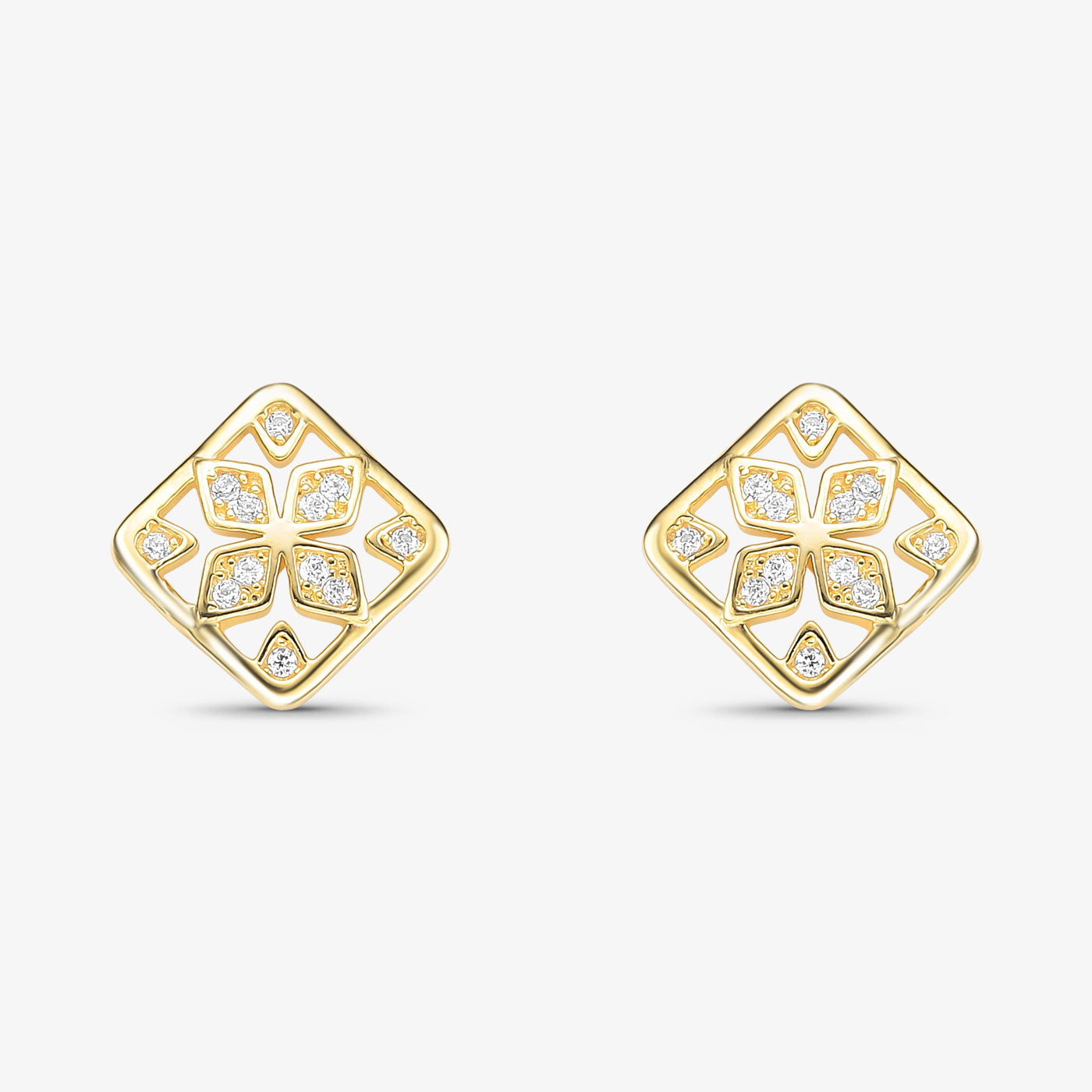 Brinco Quadrado com Flor Cravejada Folheado a Ouro 18K