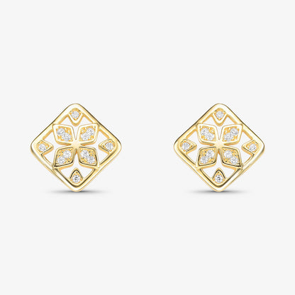 Brinco Quadrado com Flor Cravejada Folheado a Ouro 18K