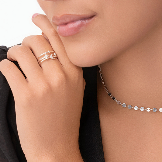 Anel Regulável Constelação com Lua Cravejado Folheado a Prata