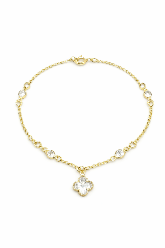 Pulseira Cristais Trevo Pendurado Folheado Ouro 18k