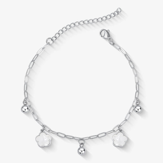 Pulseira Aço Flor Resinada Branca com Bolinhas