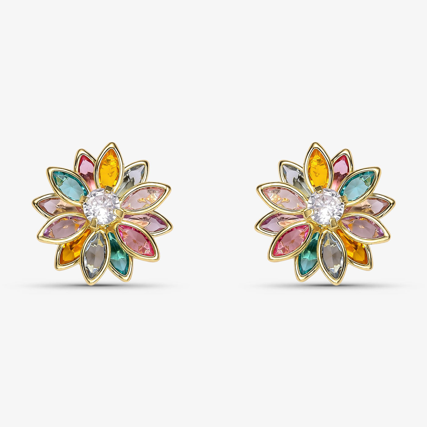 Brinco Flor de Cristal Colorida Folheado a Ouro 18K