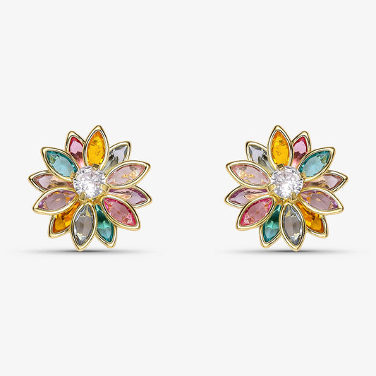 Brinco Flor de Cristal Colorida Folheado a Ouro 18K