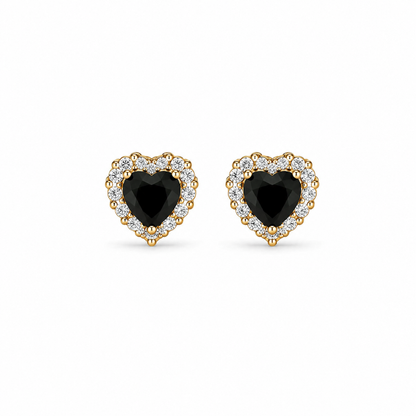 Brinco Coração Preto Borda Cravejada Folheado a Ouro 18k