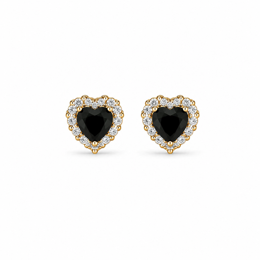 Brinco Coração Preto Borda Cravejada Folheado a Ouro 18k
