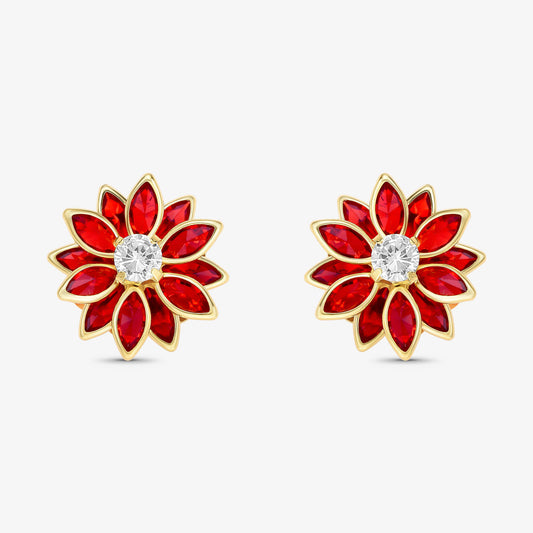 Brinco Flor de Cristal Vermelha Folheado a Ouro 18k