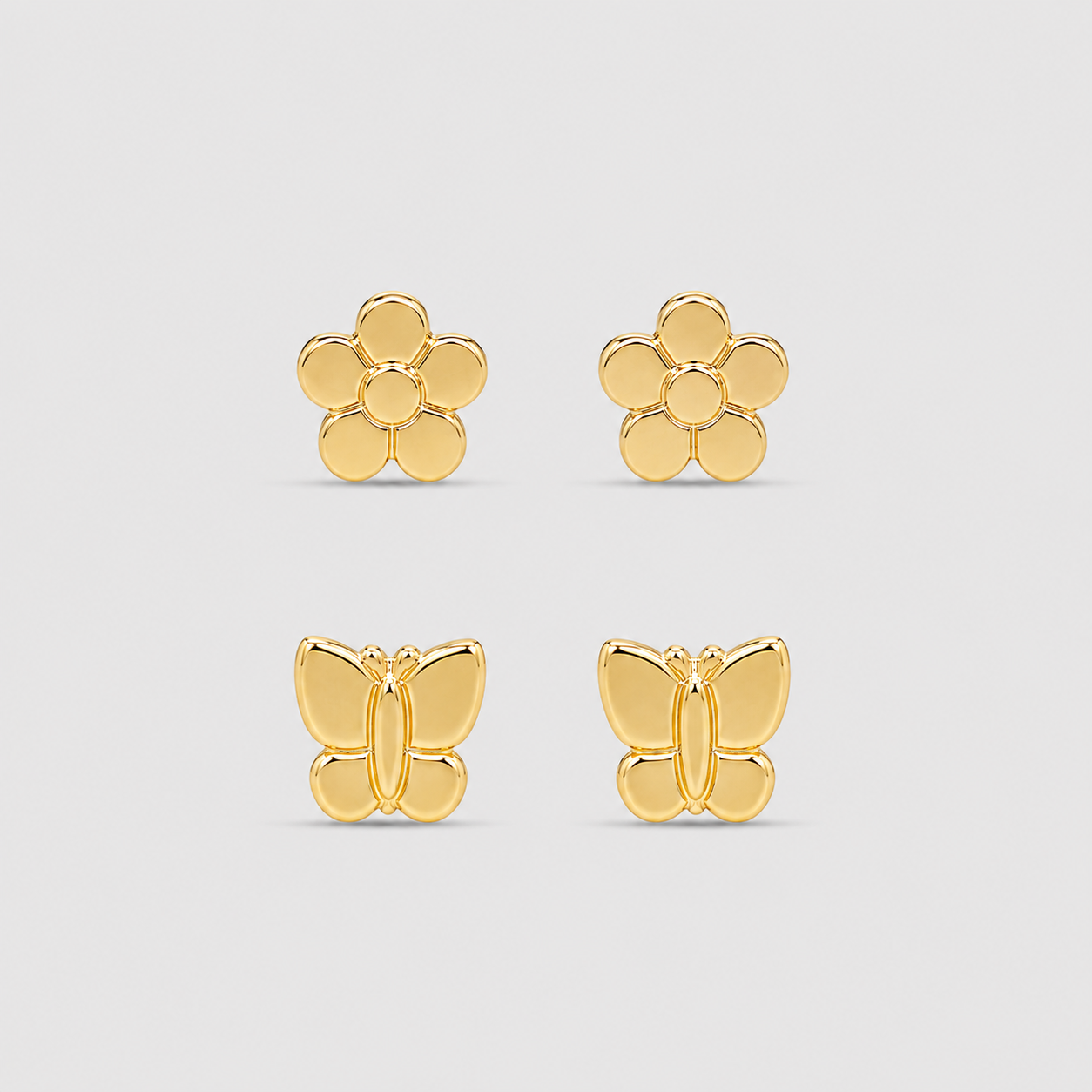 Dupla Flor e Borboleta Folheado a Ouro 18k