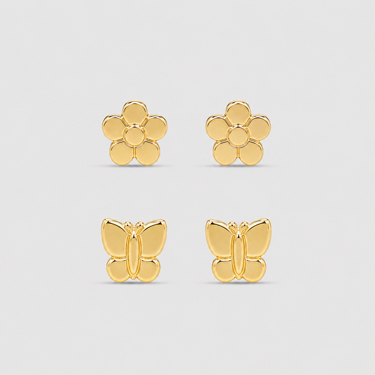 Dupla Flor e Borboleta Folheado a Ouro 18k