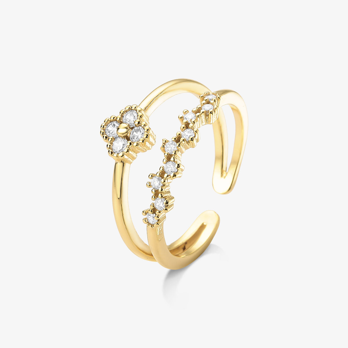 Anel Duplo Flor com Zircônias Folheado a Ouro 18k