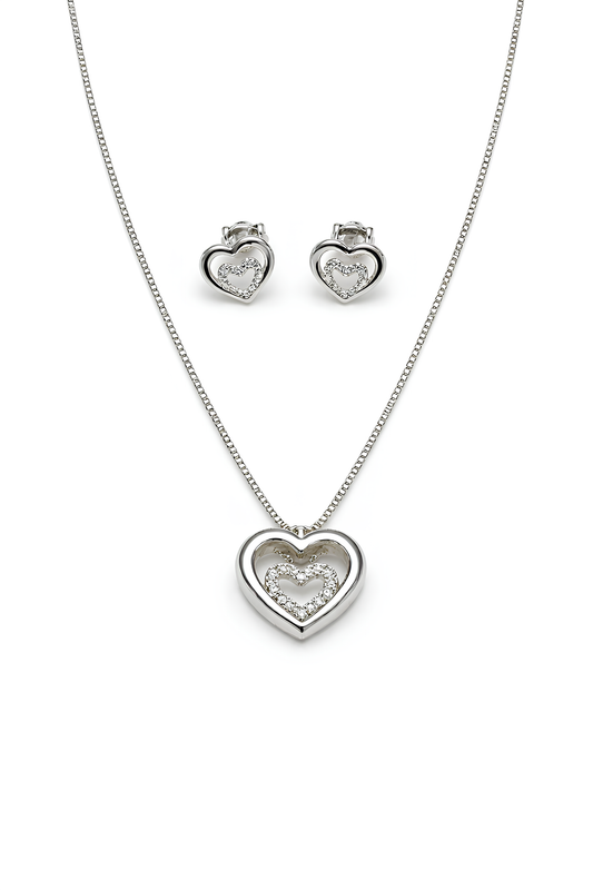 Conjunto Coração Duplo Folheado a Prata