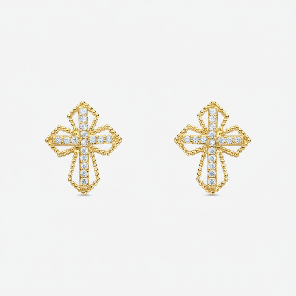 Brinco Cruz Cravejado Quatro Pontos Folheado a Ouro 18K