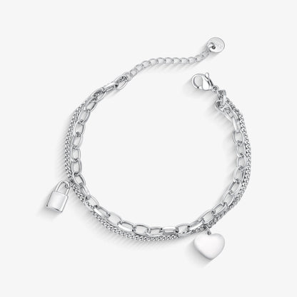 Pulseira Aço Dupla Pingente Cadeado Coração