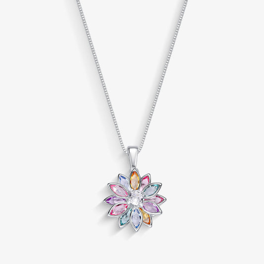 Colar Flor de Cristal Colorida Folheado a Prata