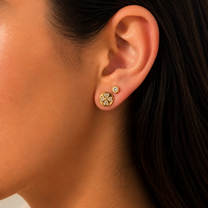Dupla Zirconia e Trevo Circular Folheado a Ouro