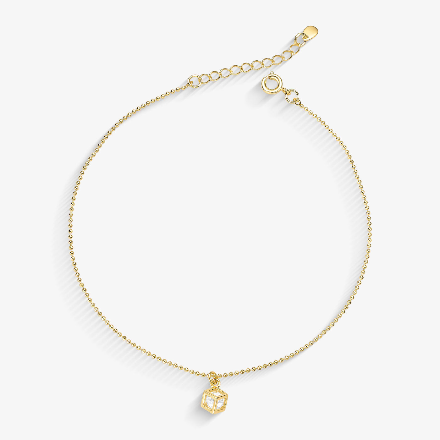 Tornozeleira Elo Mini Bolinha Pingente de Cubo Folheado a Ouro 18k