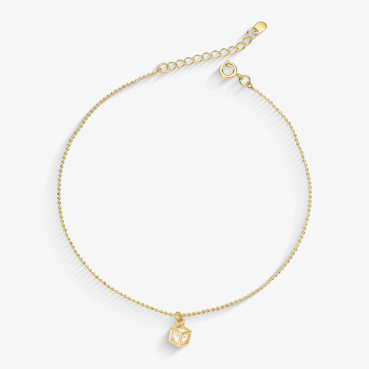 Tornozeleira Elo Mini Bolinha Pingente de Cubo Folheado a Ouro 18k