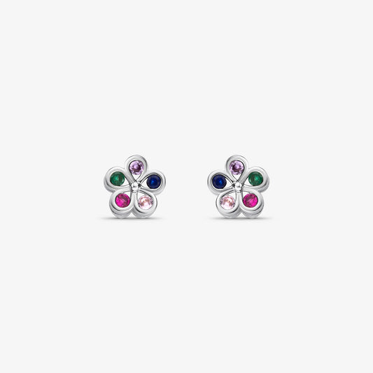 Brinco Flor Cinco Petálas Colorida Folheado a Prata